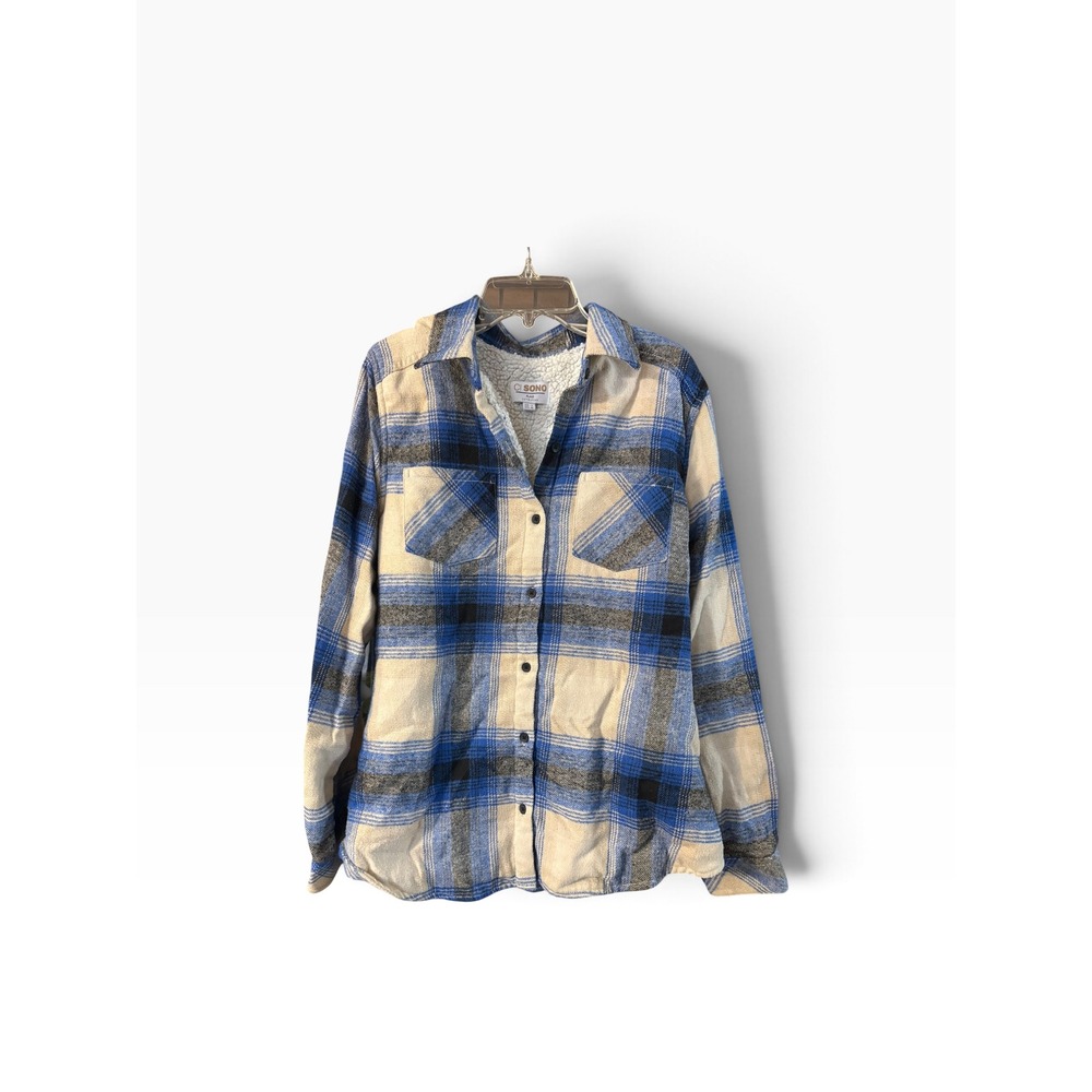 Ci Sono Plaid Collection Sherpa Lined Flannel Shirt Jacket Blue Cream Mens Small